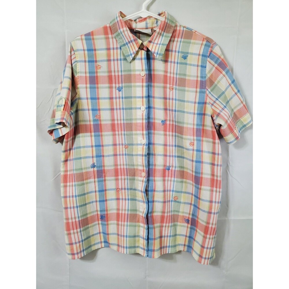 Alfred Dunner Shirt Women's Size 14 Button Up Pastel Beach Crinkle Cotton Blend